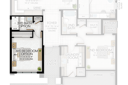 3rd Bedroom and 3rd Bathroom in lieu of Den and Powder Room